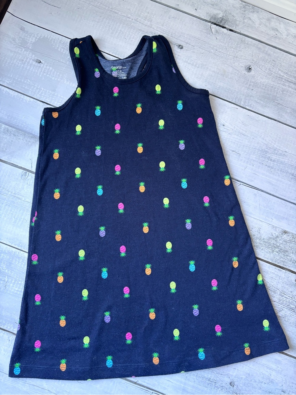 5/$25 George Navy Tank Dress with Neon Pineapple Motif